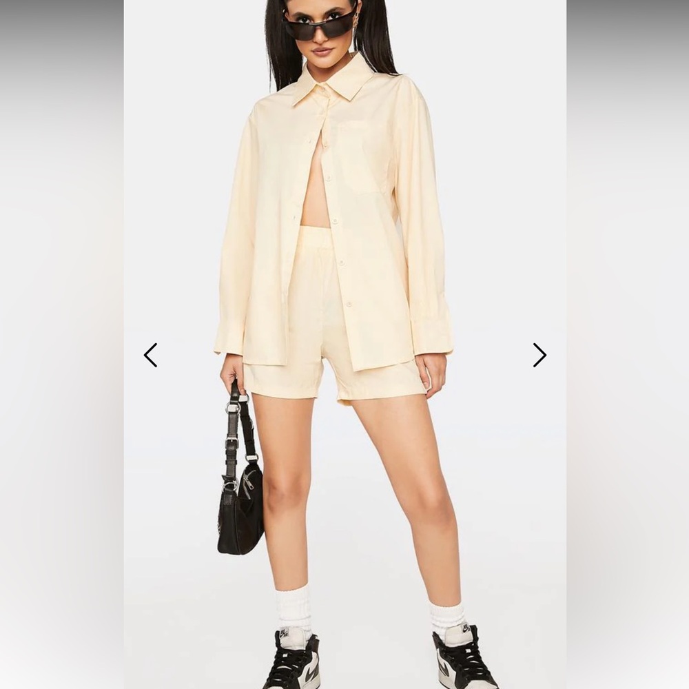 Urban Outfitters Yellow Cream Button-Up Shirt and Matching Shorts Set